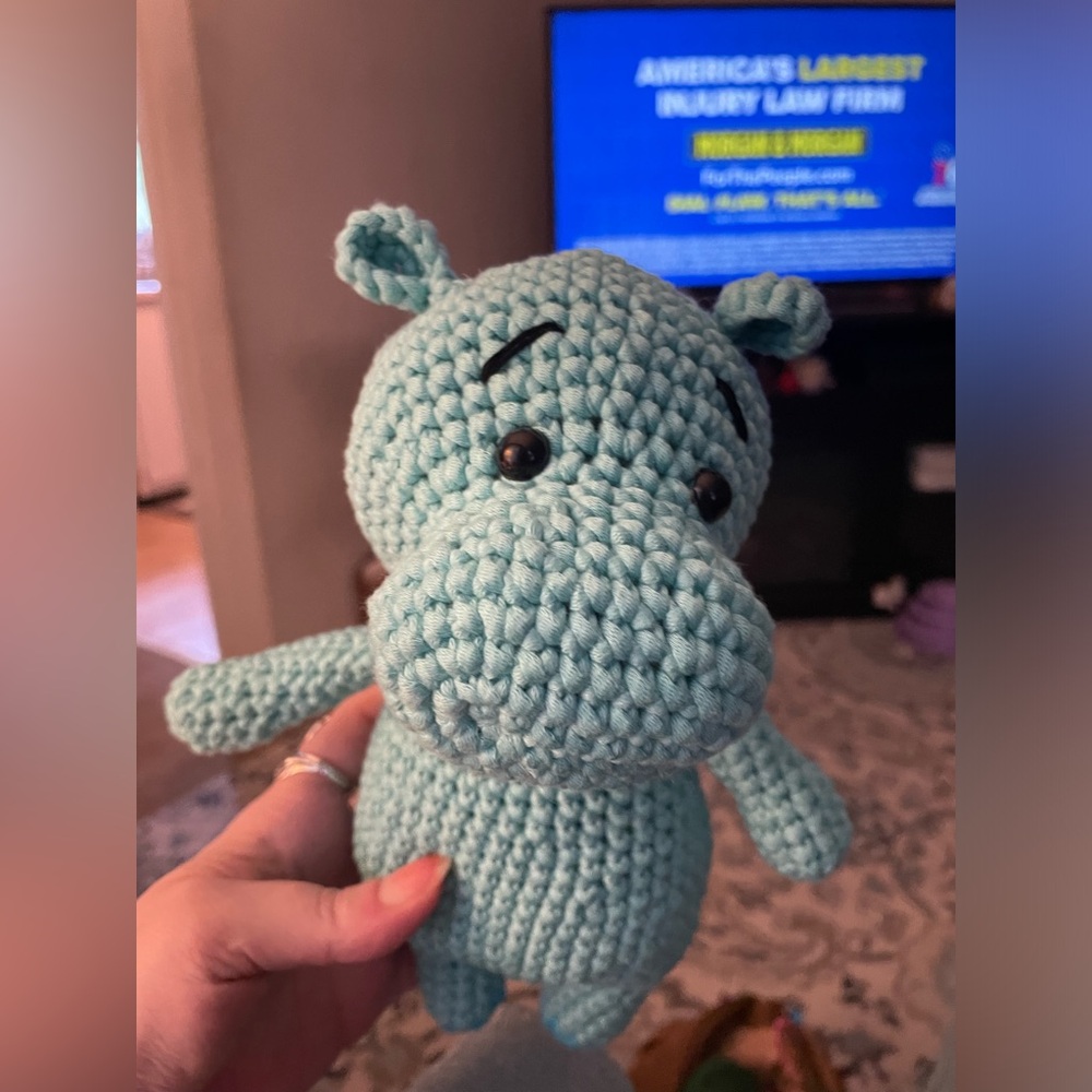 9” Crocheted hippo. SMALL PARTS ***CHOKING HAZARD*** for young children